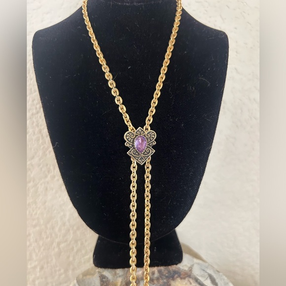 Sterling Silver with Amethyst gem on gold chain lanyard - Picture 4 of 11